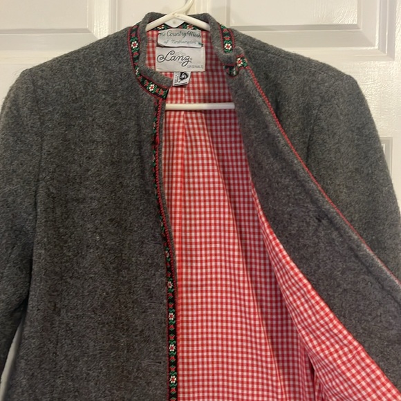 Vintage wool jacket, Lanz Originals, grey wool with red, white, and green accent - Picture 3 of 5